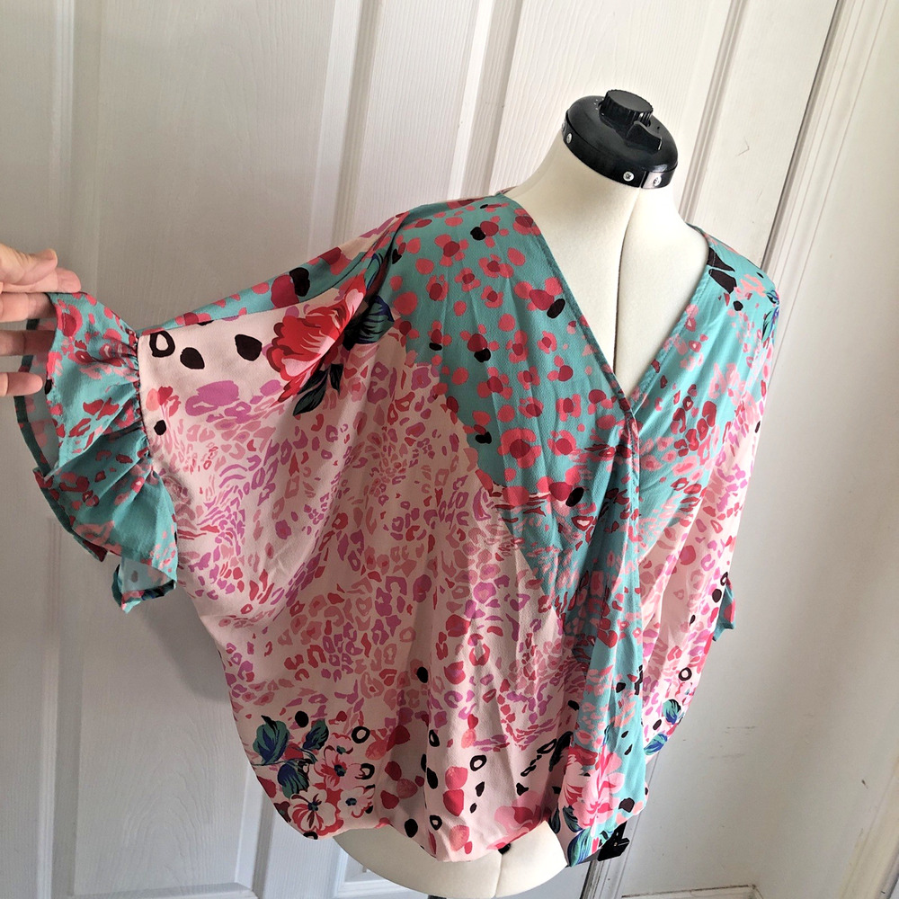 womens Floral animal mixed print crossbody top LG boho beachy flowy romantic